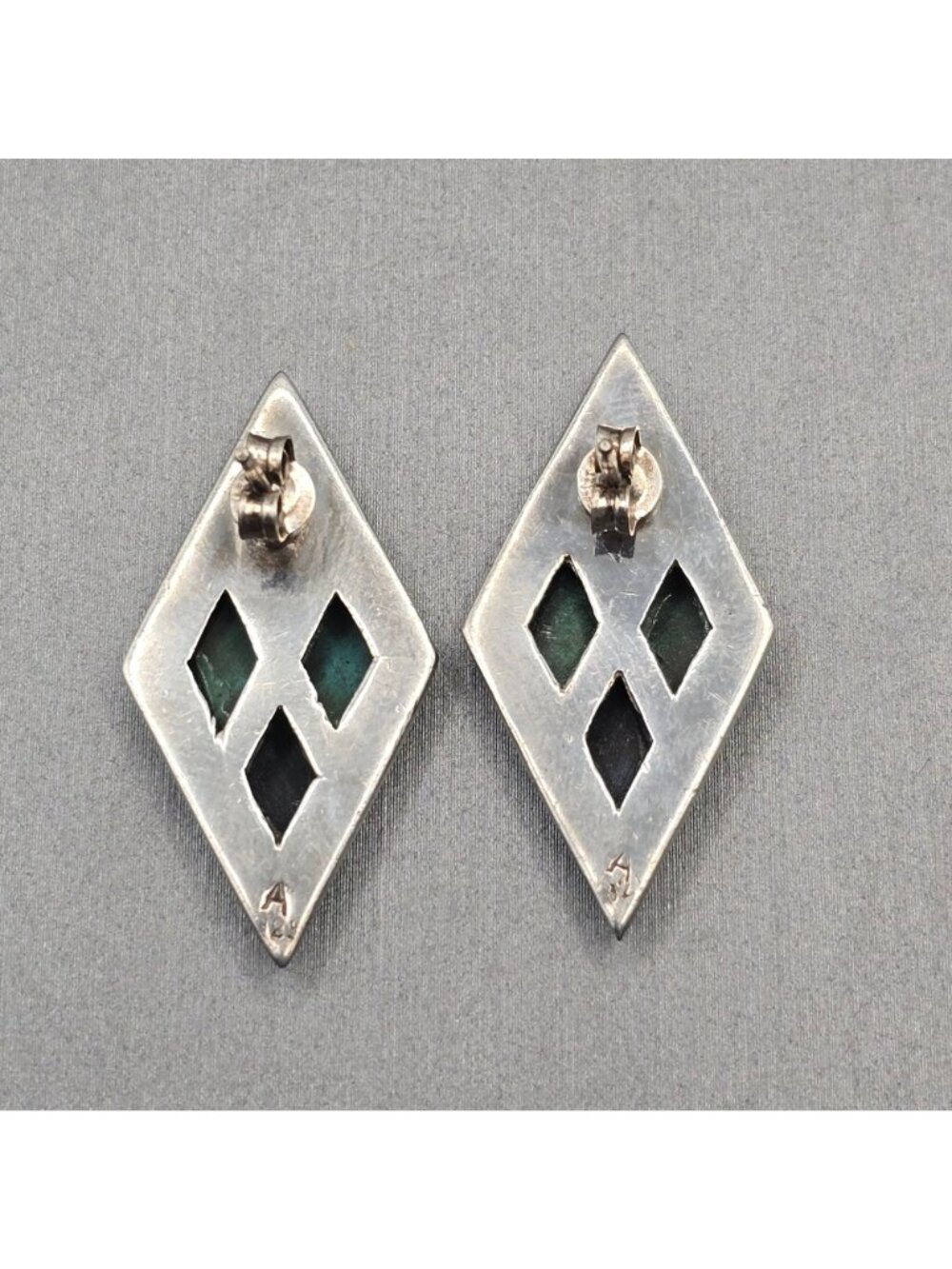 Sterling Silver Malachite Onyx Inlay Earrings Marcasite Border Artisan Signed A - Picture 6 of 12